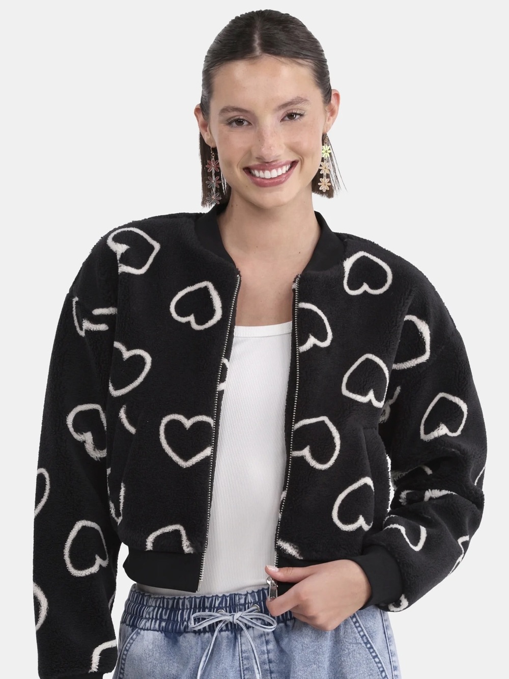 No Boundaries Black Bomber Jacket with White Heart Print